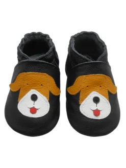 Schwarze Baby-Leder-Laufschuhe, komfortabel mit rutschfester Sohle - Mops-Motiv