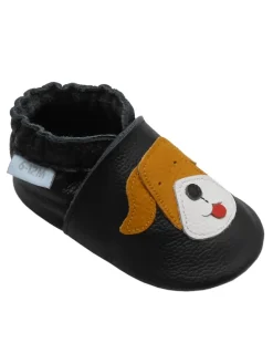 Schwarze Baby-Leder-Laufschuhe, komfortabel mit rutschfester Sohle - Mops-Motiv