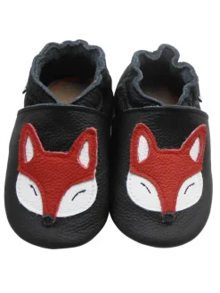 Schwarze Baby-Leder-Laufschuhe, komfortabel mit rutschfester Sohle - Fuchsmotiv