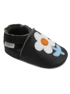 Schwarze Baby-Leder-Laufschuhe, komfortabel mit rutschfester Sohle - Blumenmotiv