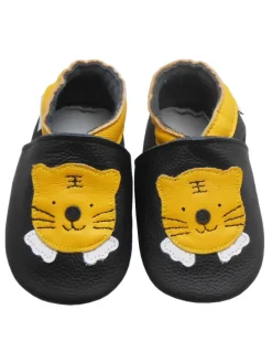 Schwarze Baby-Leder-Laufschuhe, komfortabel mit rutschfester Sohle - Tigermotiv
