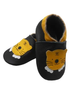 Schwarze Baby-Leder-Laufschuhe, komfortabel mit rutschfester Sohle - Tigermotiv