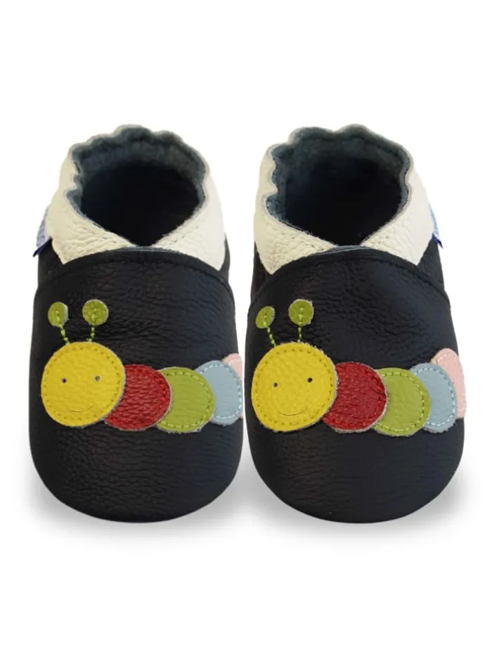 Schwarze Baby-Leder-Laufschuhe, komfortabel mit rutschfester Sohle - Raupenmotiv