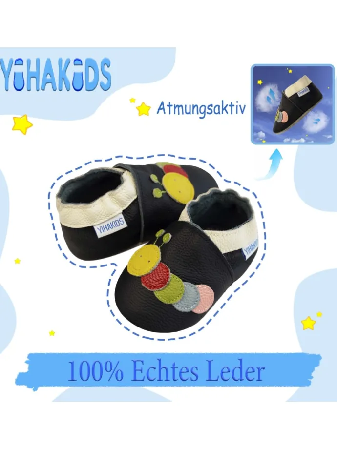 Schwarze Baby-Leder-Laufschuhe, komfortabel mit rutschfester Sohle - Raupenmotiv