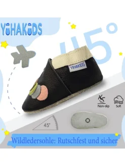 Schwarze Baby-Leder-Laufschuhe, komfortabel mit rutschfester Sohle - Raupenmotiv