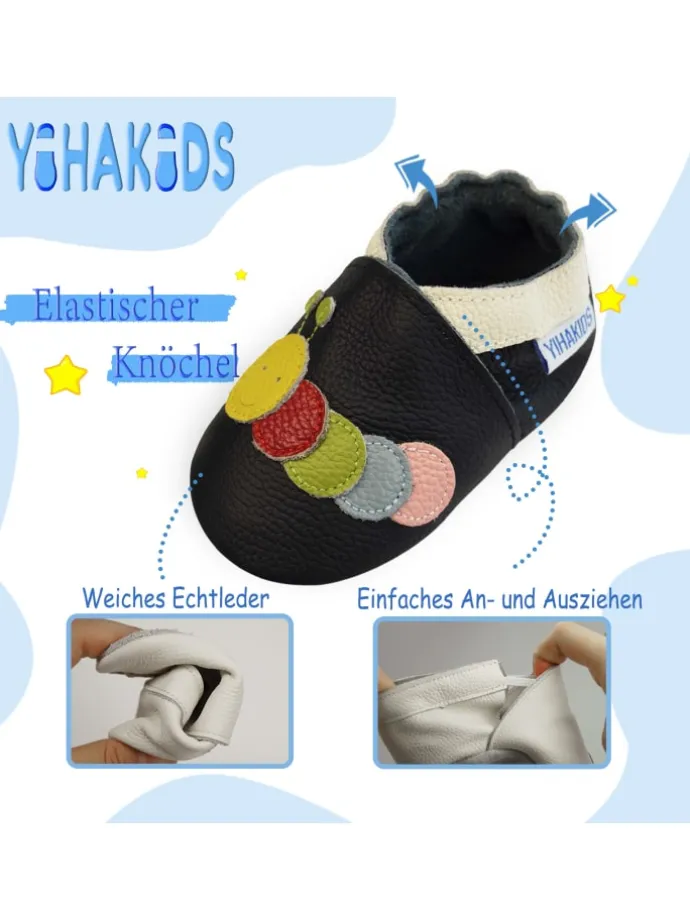 Schwarze Baby-Leder-Laufschuhe, komfortabel mit rutschfester Sohle - Raupenmotiv
