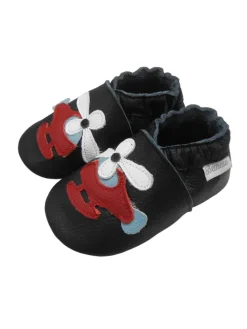 Schwarze Baby-Leder-Laufschuhe, komfortabel mit rutschfester Sohle-Flugzeugmotiv