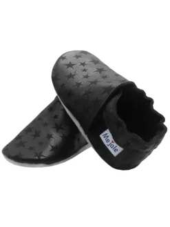 Schwarze Baby-Leder-Laufschuhe, komfortabel mit rutschfester Sohle-Sternenmuster