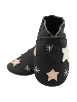 Schwarze Baby-Lederschuhe, rutschfeste Sohle mit Schneeflocken- und Sternmuster