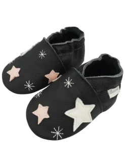 Schwarze Baby-Lederschuhe, rutschfeste Sohle mit Schneeflocken- und Sternmuster