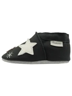 Schwarze Baby-Lederschuhe, rutschfeste Sohle mit Schneeflocken- und Sternmuster