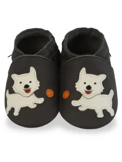 Schwarze Babyschuhe aus Leder für Kleinkinder, rutschfeste Sohlen - Welpenmuster
