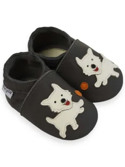Schwarze Babyschuhe aus Leder für Kleinkinder, rutschfeste Sohlen - Welpenmuster
