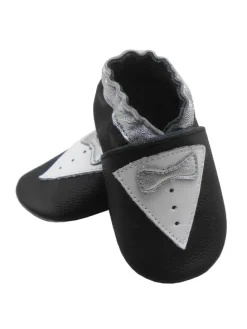 Schwarze Leder Krabbelschuhe für Babys mit rutschfester Sohle – Schleifen-Muster