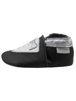 Schwarze Leder Krabbelschuhe für Babys mit rutschfester Sohle – Schleifen-Muster