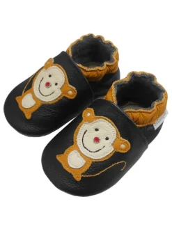 Schwarze Leder Krabbelschuhe für Babys mit rutschfester Sohle – Affen-Muster
