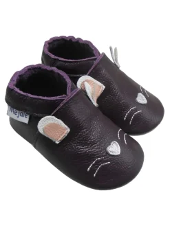 Tiefviolette Baby-Leder-Laufanfänger mit rutschfester Sohle – Kaninchen-Design