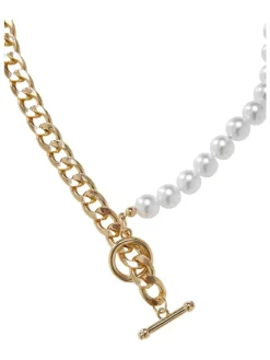 Urban Classics Unisex Half Pearl Exchangable Necklace 2-Pack in gold/gunmetal