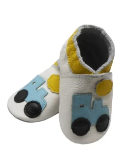 Weiße Leder Krabbelschuhe für Babys mit rutschfester Sohle – Lkw-Muster