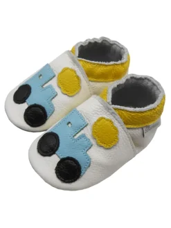 Weiße Leder Krabbelschuhe für Babys mit rutschfester Sohle – Lkw-Muster