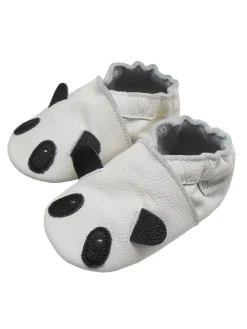 Weiße Leder Krabbelschuhe für Babys mit rutschfester Sohle – Panda-Muster